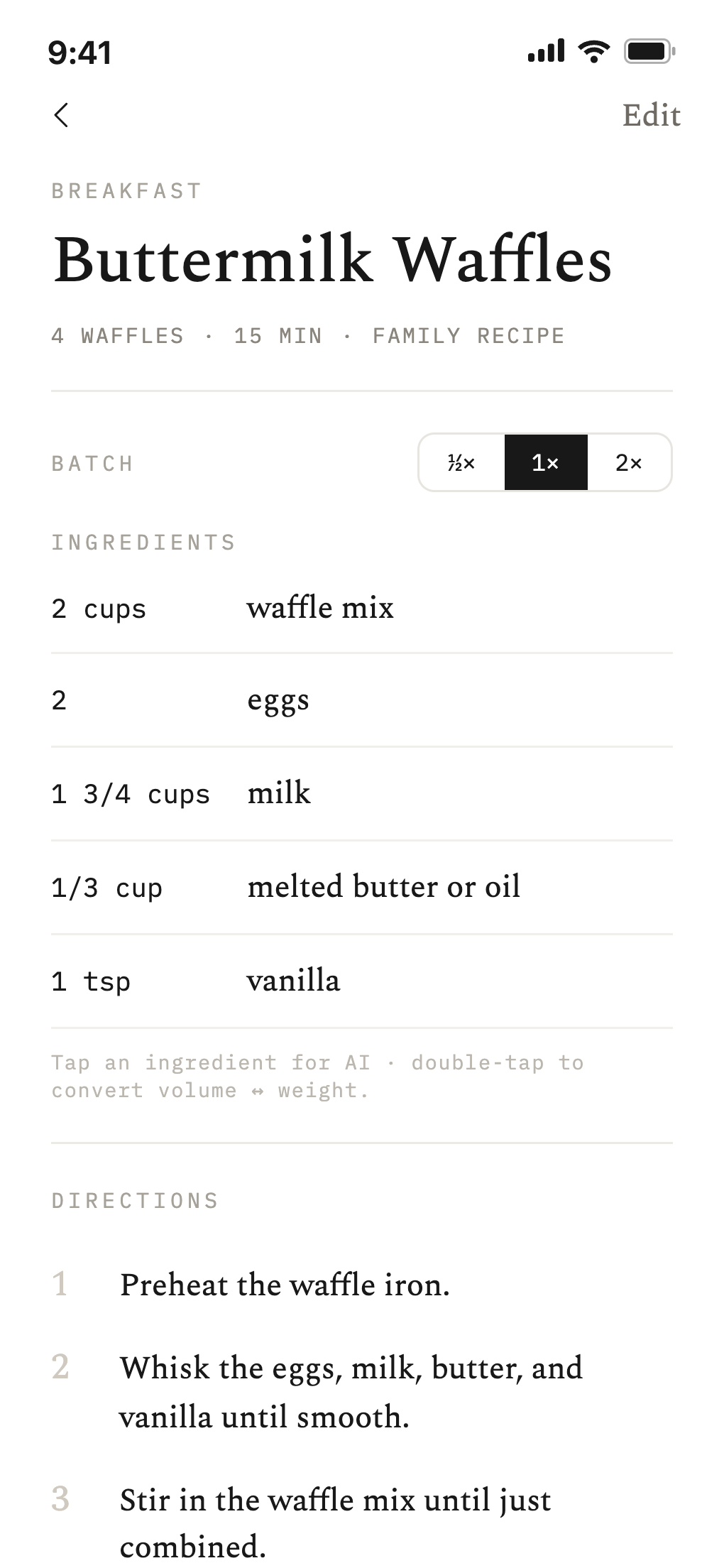 The Gather app showing a Buttermilk Waffles recipe — ingredients and directions.